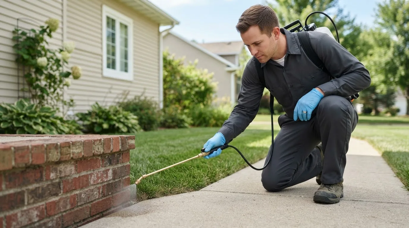 Pest control technician treating a home near Mott, ND